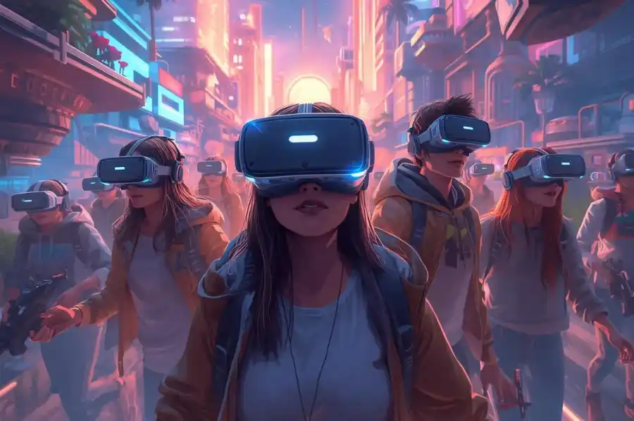 Group of young people wearing VR headsets walking through a neon-lit futuristic city, immersed in virtual reality gameplay.
