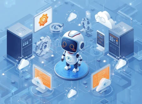 Cute 3D AI robot working in a Seamless Integration.