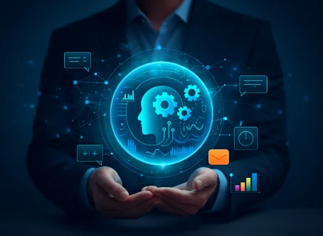 Businessperson holding glowing AI Actionable Data Intelligence