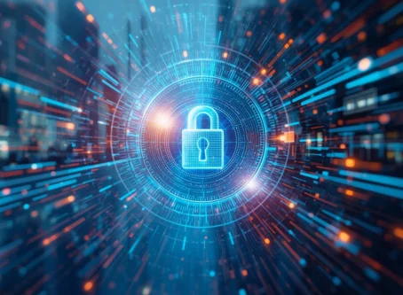 Digital lock symbolizing cybersecurity and data protection.