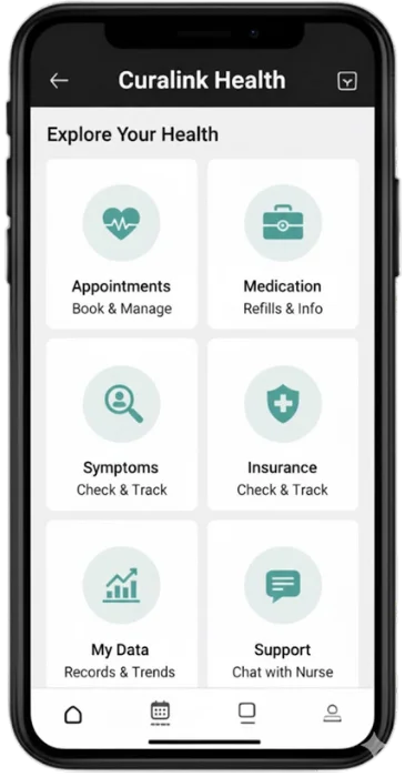 CuraLink Health mobile app dashboard showing appointments, medication refills, symptom tracking and insurance services.