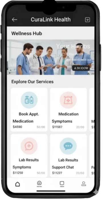 CuraLink Health mobile app screen showing wellness hub services like booking appointments, medication refills, lab results and support chat.