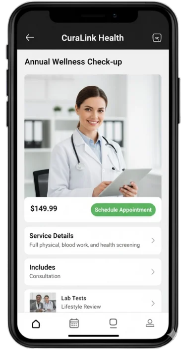 CuraLink Health mobile app screen for annual wellness check-up showing doctor consultation with scheduling, pricing and service details.
