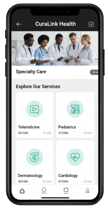 CuraLink Health mobile app displaying specialty care services including Telemedicine, Pediatrics, Dermatology, and Cardiology.