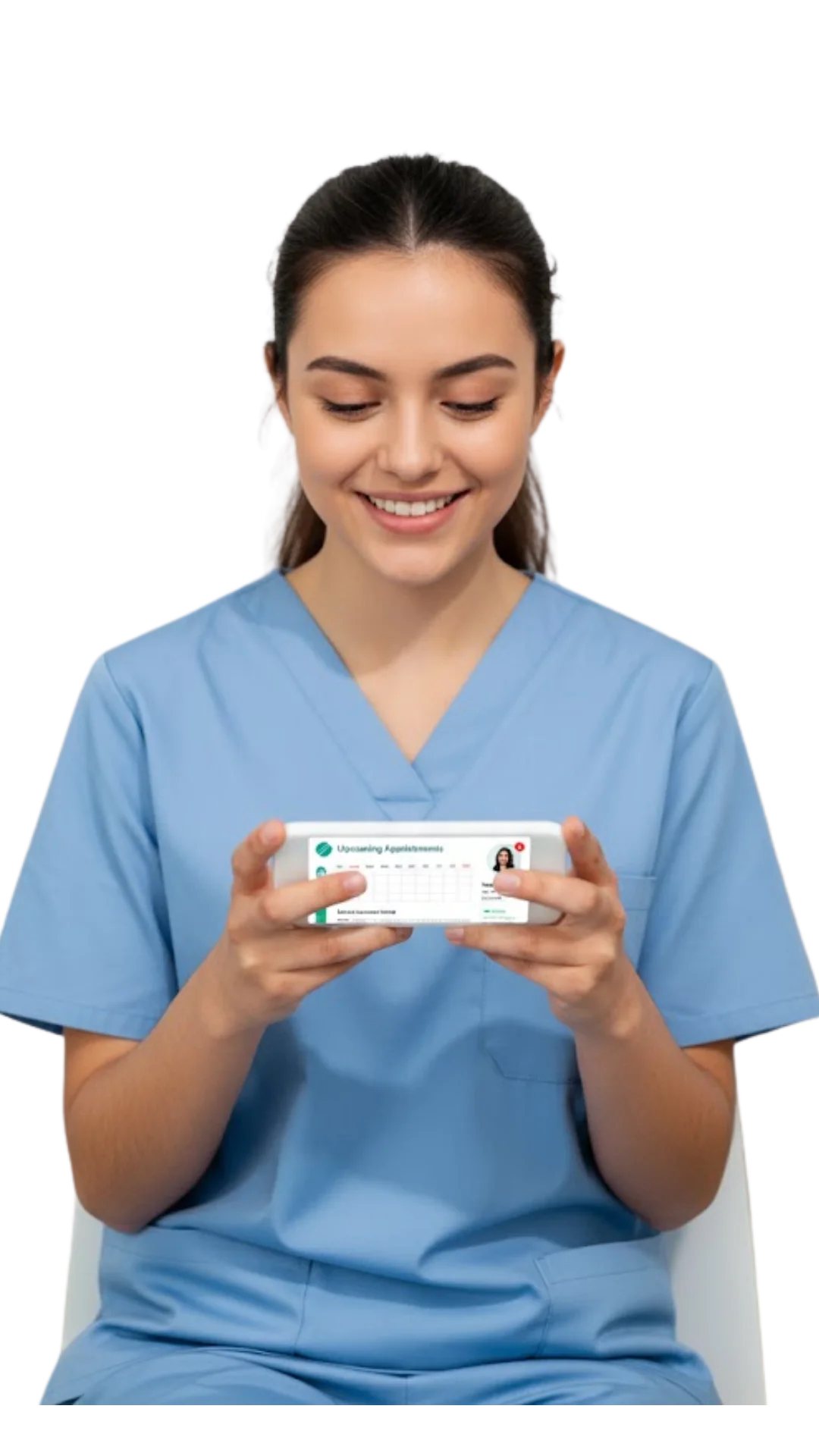 Nurse checking patient appointments on a mobile healthcare device.