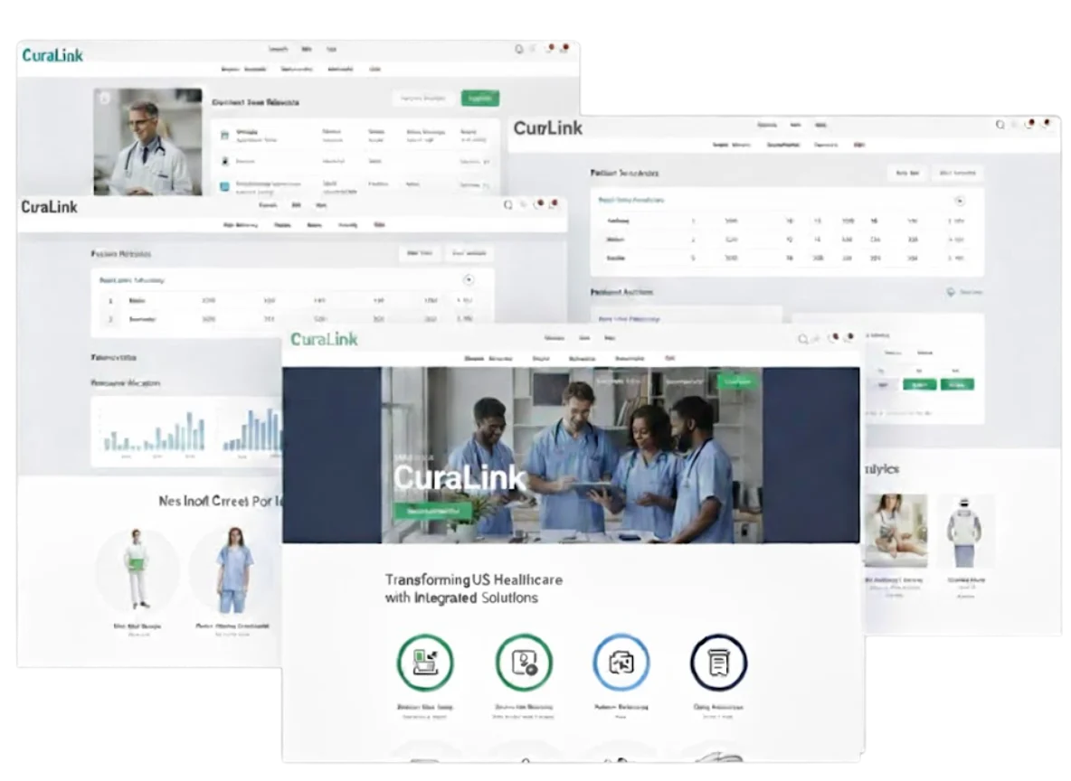 CuraLink Health mobile app dashboard showing appointments, medication refills, symptom tracking and insurance services.