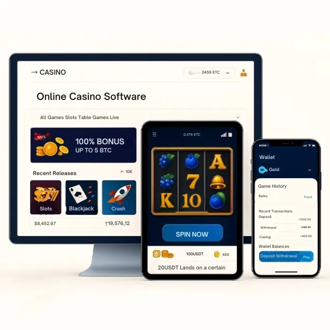 Desktop and mobile screens showing online casino software with slots, crash game, and crypto wallet