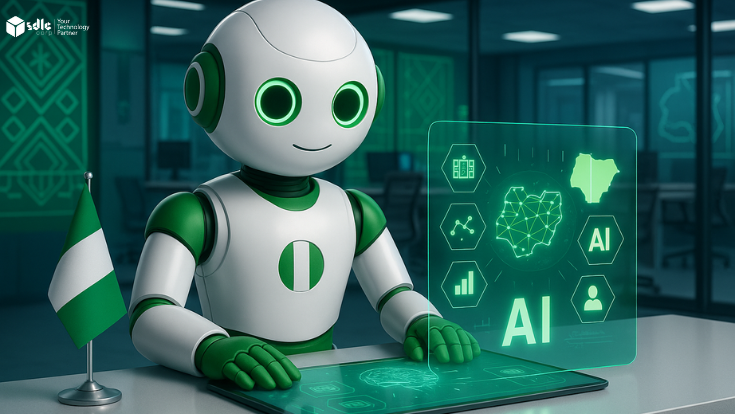 Friendly green-white robot in Nigerian tech lab using holographic AI screen and Nigeria flag on desk.