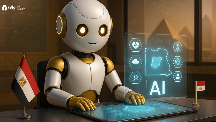 White-gold robot in Egyptian tech lab with holographic AI map of Egypt and an Egypt flag on the desk.White-gold robot in Egyptian tech lab with holographic AI map of Egypt and an Egypt flag on the desk.