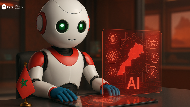 Red-white robot in Moroccan tech lab with glowing AI map of Morocco and Morocco flag on table.
