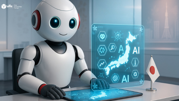 White-red robot in Japanese tech lab with glowing AI map of Japan and Japan flag on the table.