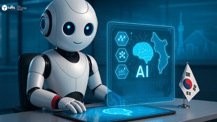 White robot in Korean tech lab with neon AI map of South Korea and South Korean flag on the desk.
