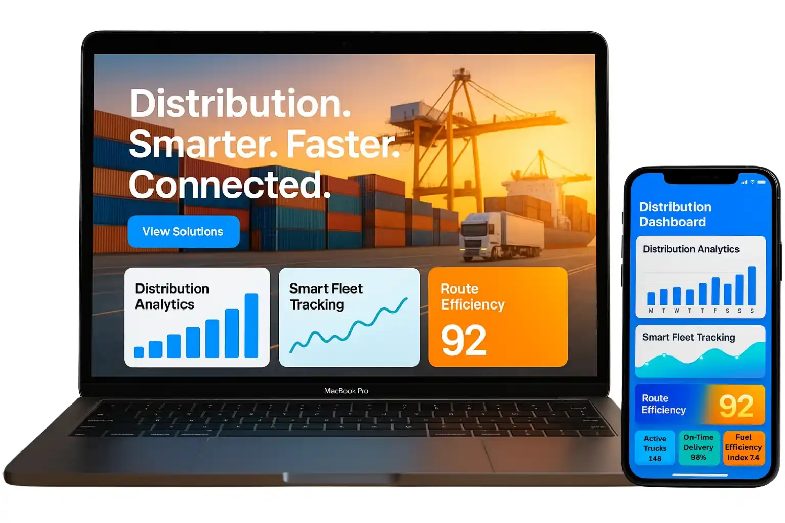 Distribution dashboard on laptop and smartphone showing analytics and route efficiency.