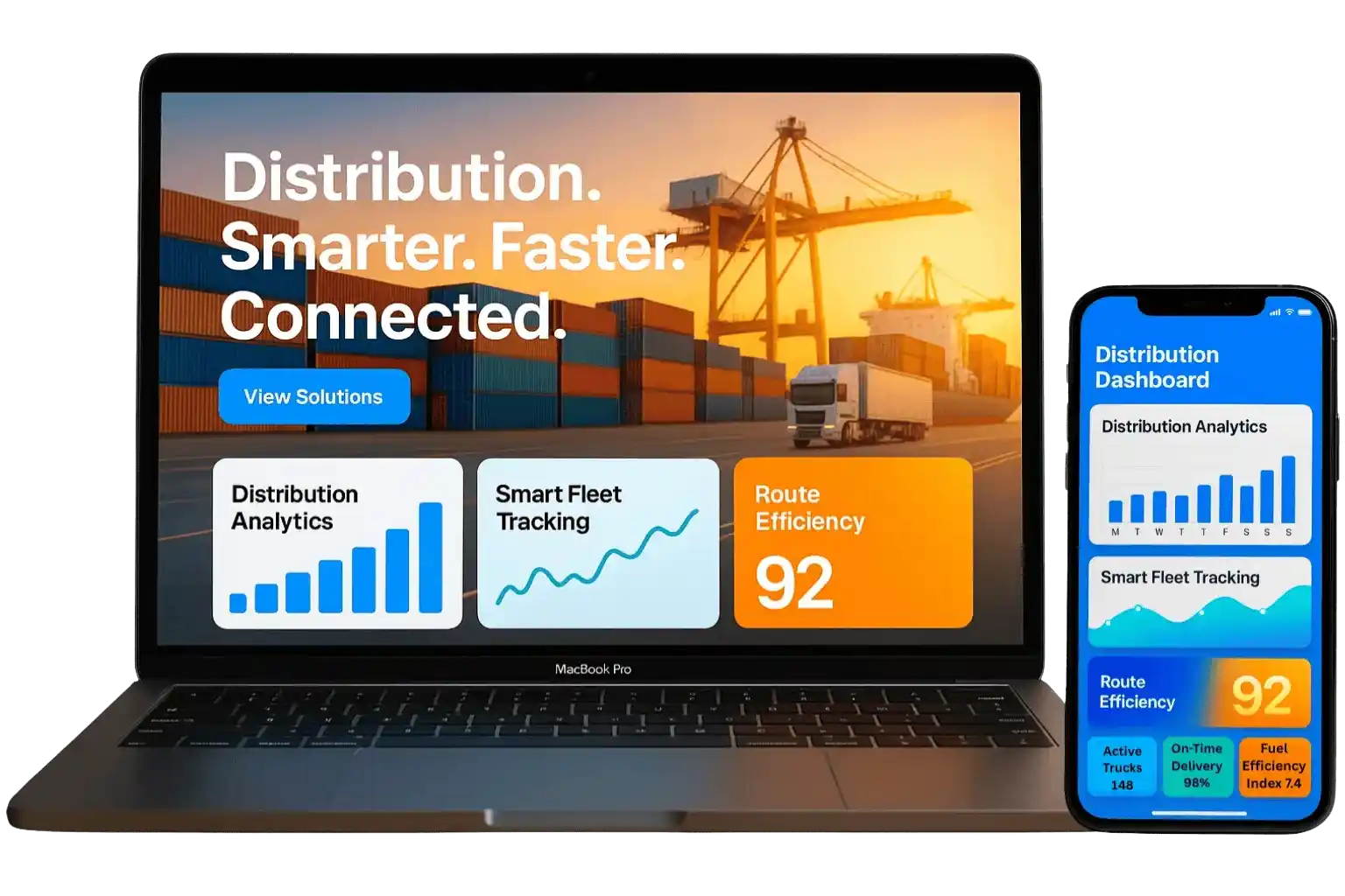 Distribution dashboard on laptop and smartphone showing analytics and route efficiency.