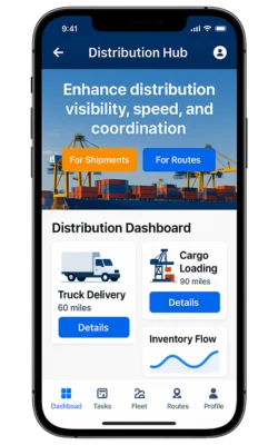 Mobile distribution hub dashboard showing shipments, routes, and inventory flow.