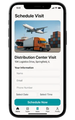 Mobile screen displaying distribution center visit scheduling form.