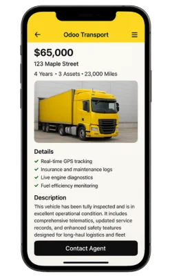 Odoo Transport mobile screen showing truck details, pricing, and vehicle features.
