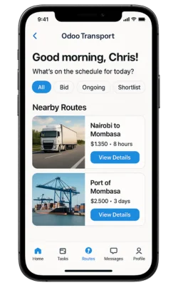 Mobile routes dashboard with Nairobi–Mombasa and Port of Mombasa delivery options.
