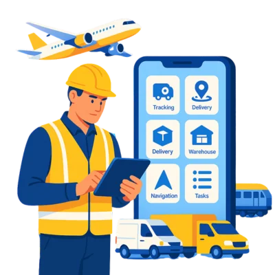  Illustration of a worker using a logistics app with vehicles and icons representing the distribution industry. 