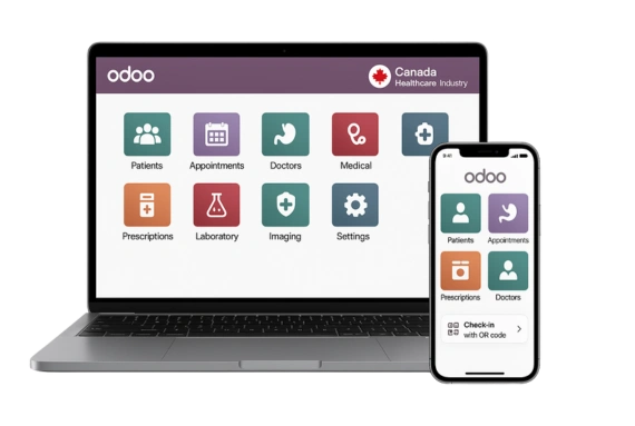 Laptop and smartphone displaying Odoo Canada Healthcare interface with modules for patients, appointments, doctors, and medical tools.