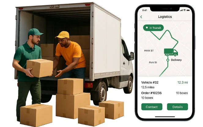 Workers loading boxes into a delivery truck with a mobile logistics app showing route tracking in the distribution industry.