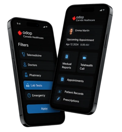 Two Odoo Canada Healthcare mobile screens in dark mode showing filters, appointments, medical reports, and telehealth features.