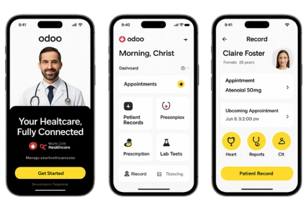 Three Odoo Canada Healthcare mobile screens showing a welcome doctor screen, appointment dashboard, and patient medical record.