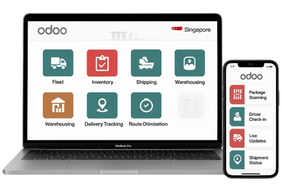Laptop and smartphone showing Odoo Singapore Logistics modules like Fleet, Inventory, Shipping, Warehousing, Delivery Tracking, and Route Optimization.