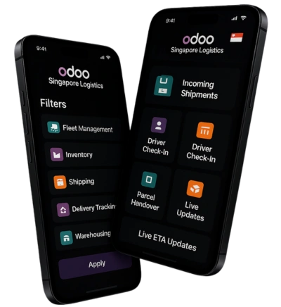 Two dark-mode Odoo Singapore Logistics screens showing Filters with Fleet, Inventory, Shipping, Delivery Tracking, Warehousing and a dashboard with Incoming Shipments, Driver Check-In, Parcel Handover, Live Updates, and Live ETA updates.