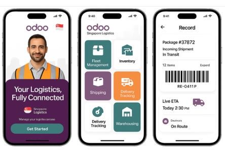 Three Odoo Singapore Logistics screens: welcome logistics screen, logistics modules dashboard, and detailed shipment record with barcode and live ETA.