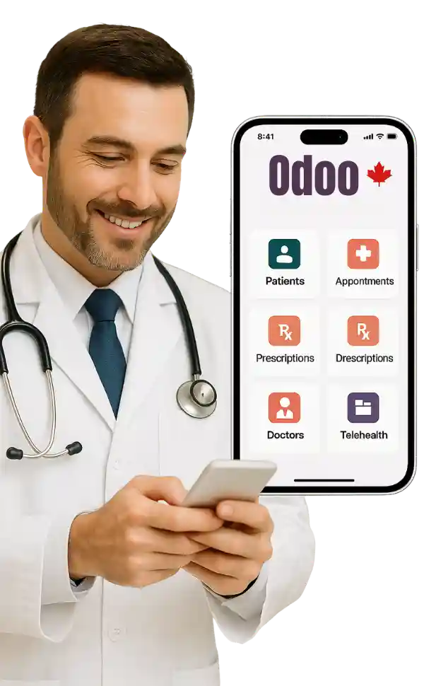 Doctor using a smartphone with Odoo Singapore Logistics app interface showing patients, appointments, prescriptions, doctors, and telehealth modules.