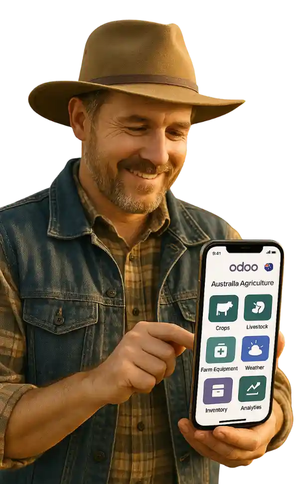 Smiling farmer in a cap and denim jacket using a smartphone with the Odoo Canada Healthcare app.