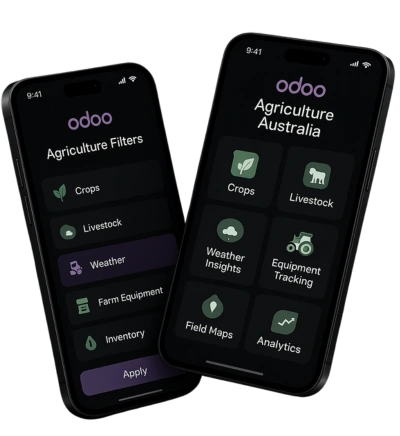 Two angled smartphones with dark-mode Odoo Agriculture Australia filters and main dashboard screens.