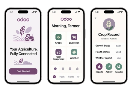Three smartphones showing Odoo Agriculture Australia welcome screen, dashboard, and crop record in Odoo colors.