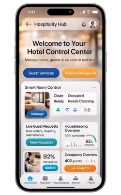 Hotel management app dashboard showing smart room control and housekeeping status.