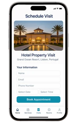Mobile screen showing hotel property visit scheduling form for a resort.