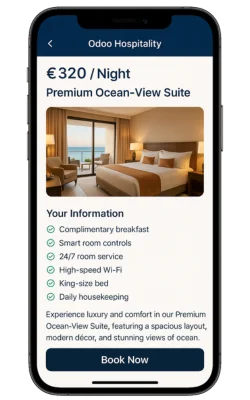 Hotel booking app screen showing premium ocean-view suite details and amenities.