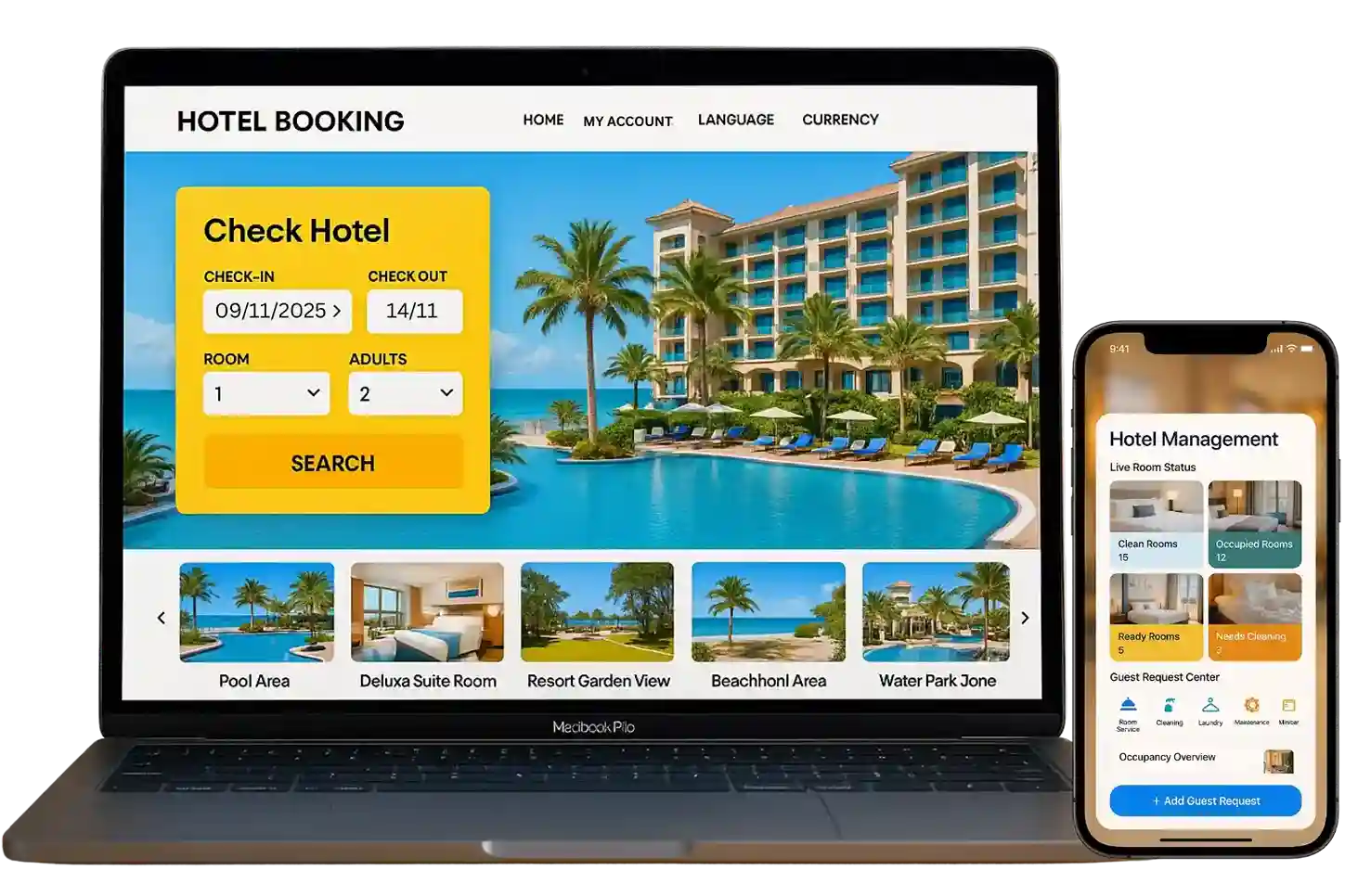 Laptop showing a hotel booking website and a smartphone displaying a hotel management app.