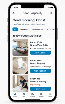 Hotel management app screen showing guest activities, room requests, and housekeeping tasks.