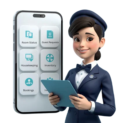  Hospitality service character standing beside mobile interface for room status and bookings.” 