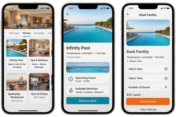 Three mobile screens showing hotel amenities, pool information, and booking features.
