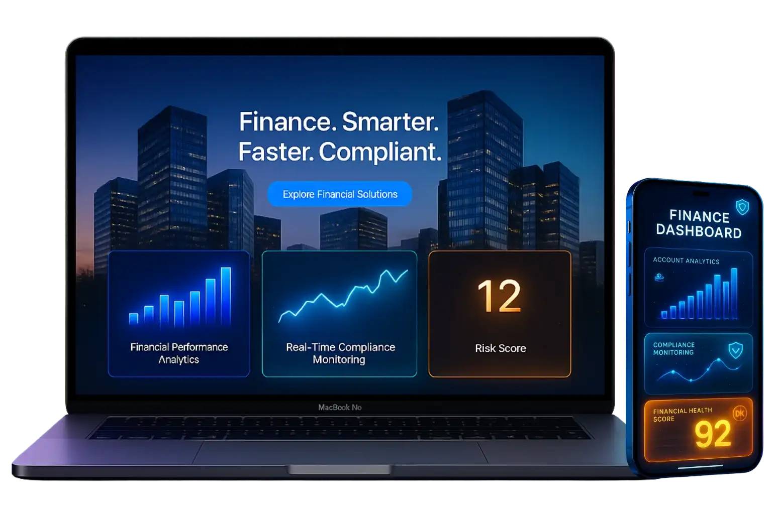 Finance dashboard on laptop and mobile showing analytics, compliance, and risk score.”