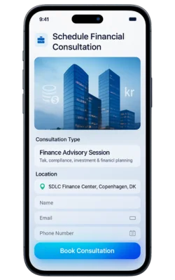 Finance app screen for booking a financial consultation with session details and location form..