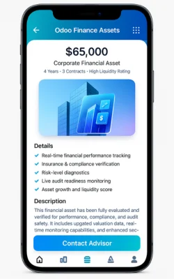 Finance app displaying corporate financial asset details, valuation, and tracking features..