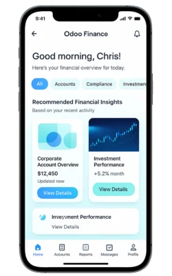 Financial insights dashboard showing corporate account overview and investment performance..