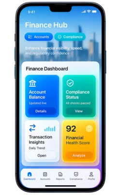 Finance Hub app dashboard showing account balance, compliance status, transactions, and financial health score.