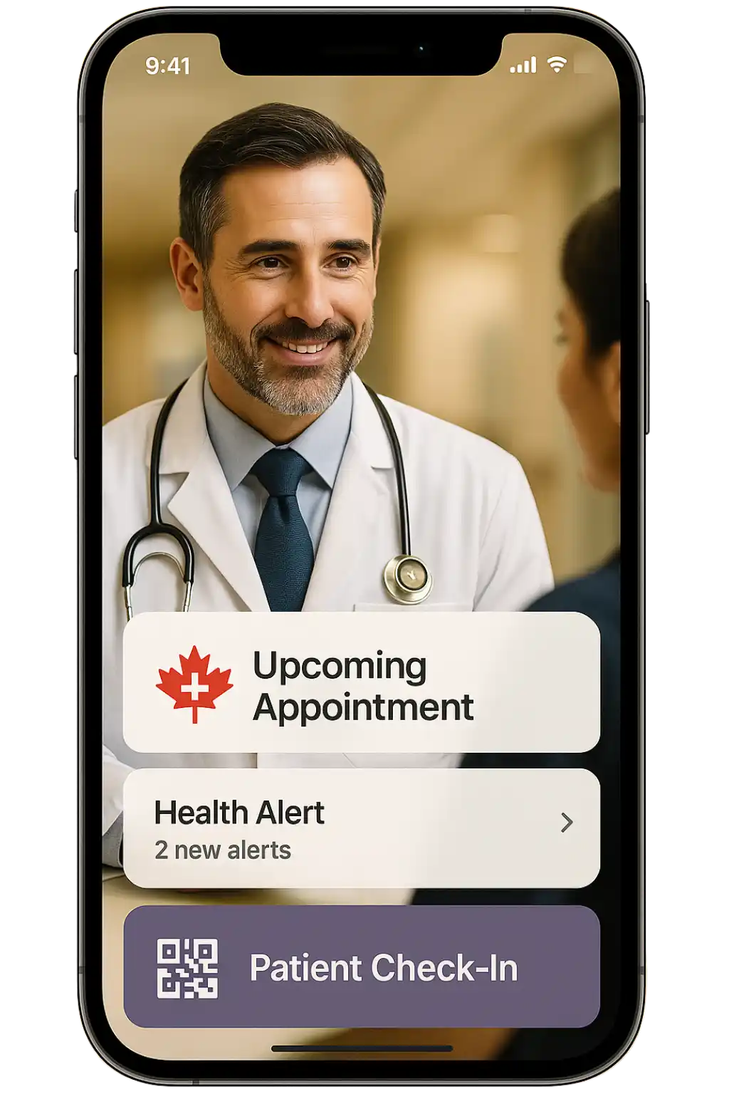 Odoo Canada Healthcare mobile screen showing Patients, Appointments, Prescriptions, Doctors, and Laboratory modules.