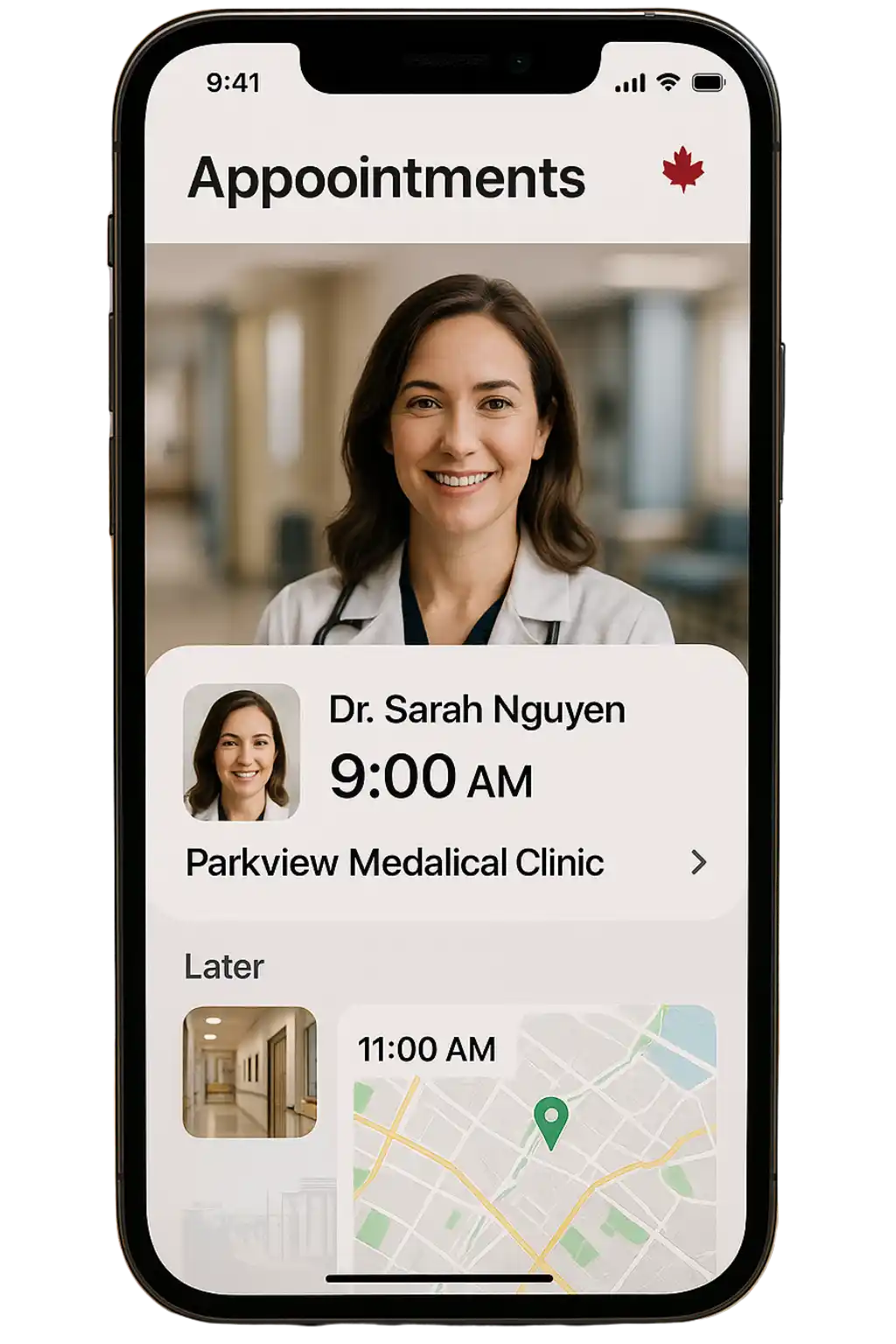 Odoo Canada Healthcare app screen with Medical, Nursing, Appointments, Imaging, and Reporting modules.