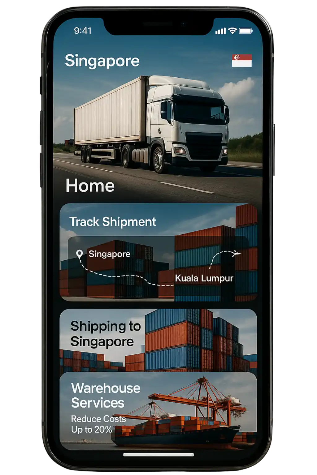Front-facing smartphone with Odoo Singapore Logistics dashboard showing Fleet, Inventory, Shipping, Delivery Tracking, and Warehousing.