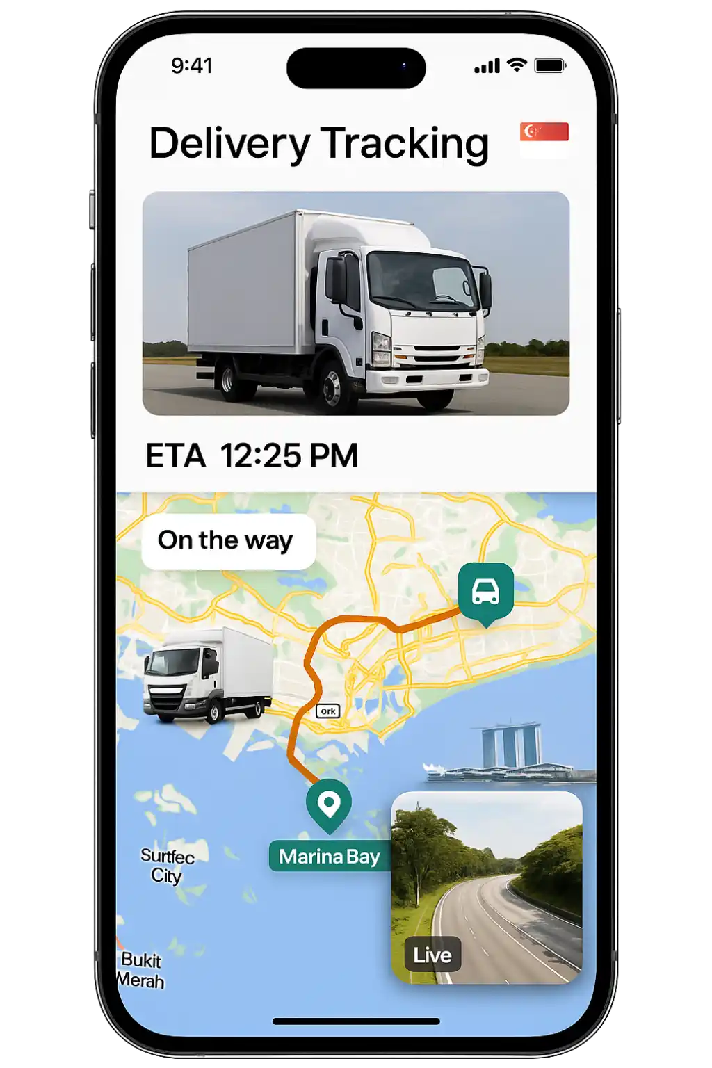 Smartphone screen of Odoo Singapore Logistics tracking with Shipment Status, Route Optimization map, Geo-Tracking Map, and Package Scanning.